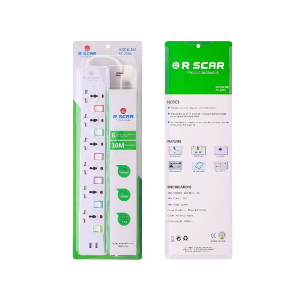 Multiprise électrique 5 prises (10M) Avec 2 Ports de Chargement USB R SCAR RS-225U
